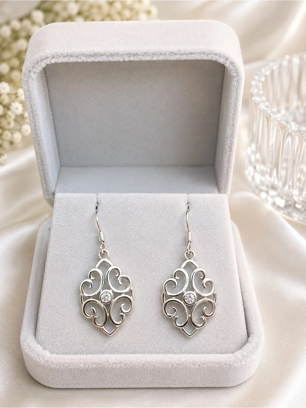 S925 Sterling Silver Filigree CZ Dangle Earrings